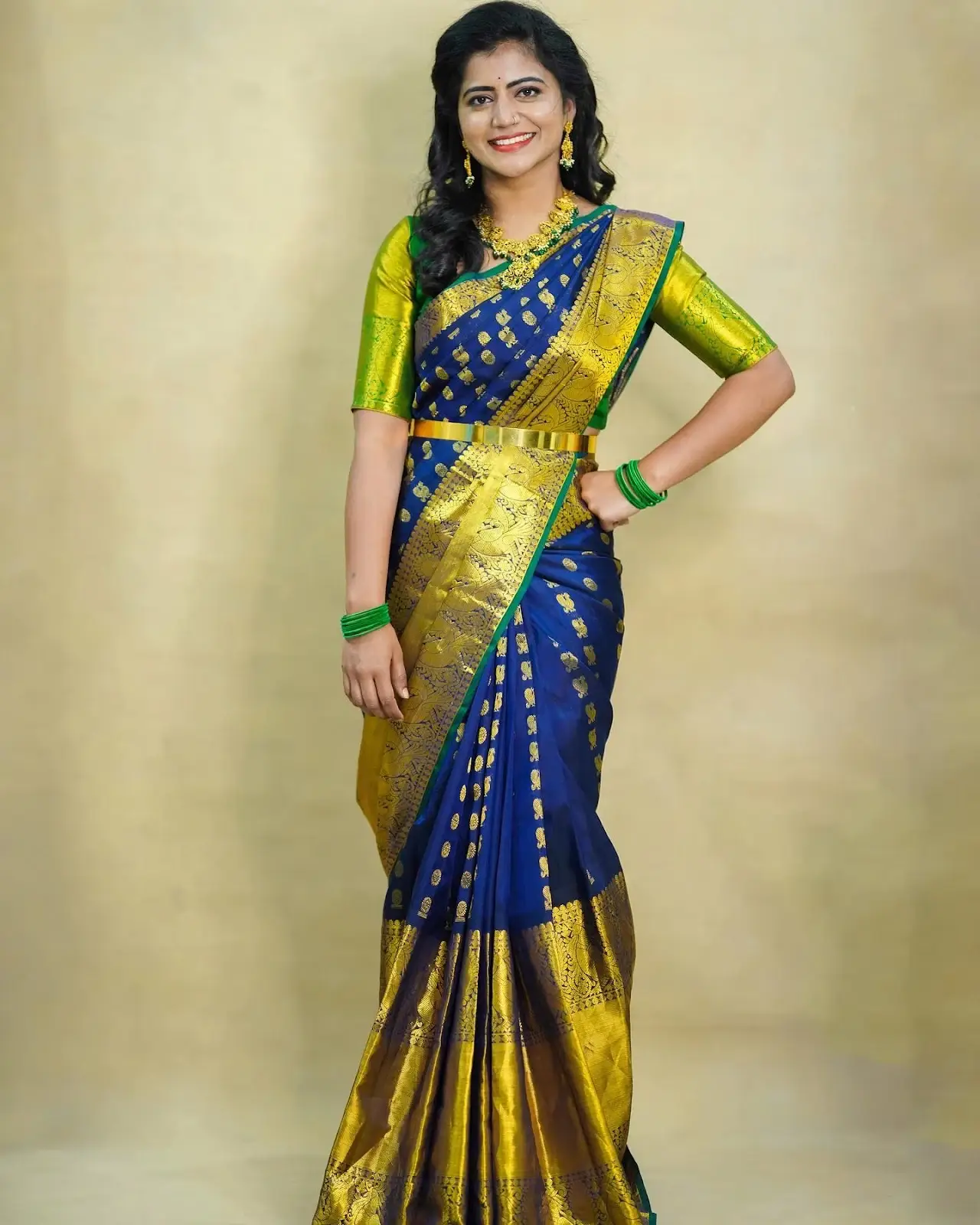 South Indian TV Model Shiva Jyothi In Blue Pattu Saree